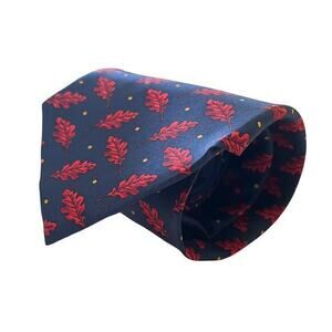Yves Saint Laurent YSL Navy Blue Red Leaf Print Silk Tie - Made in Italy